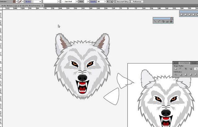 Illustrator artboard with wolf illustration work in progress