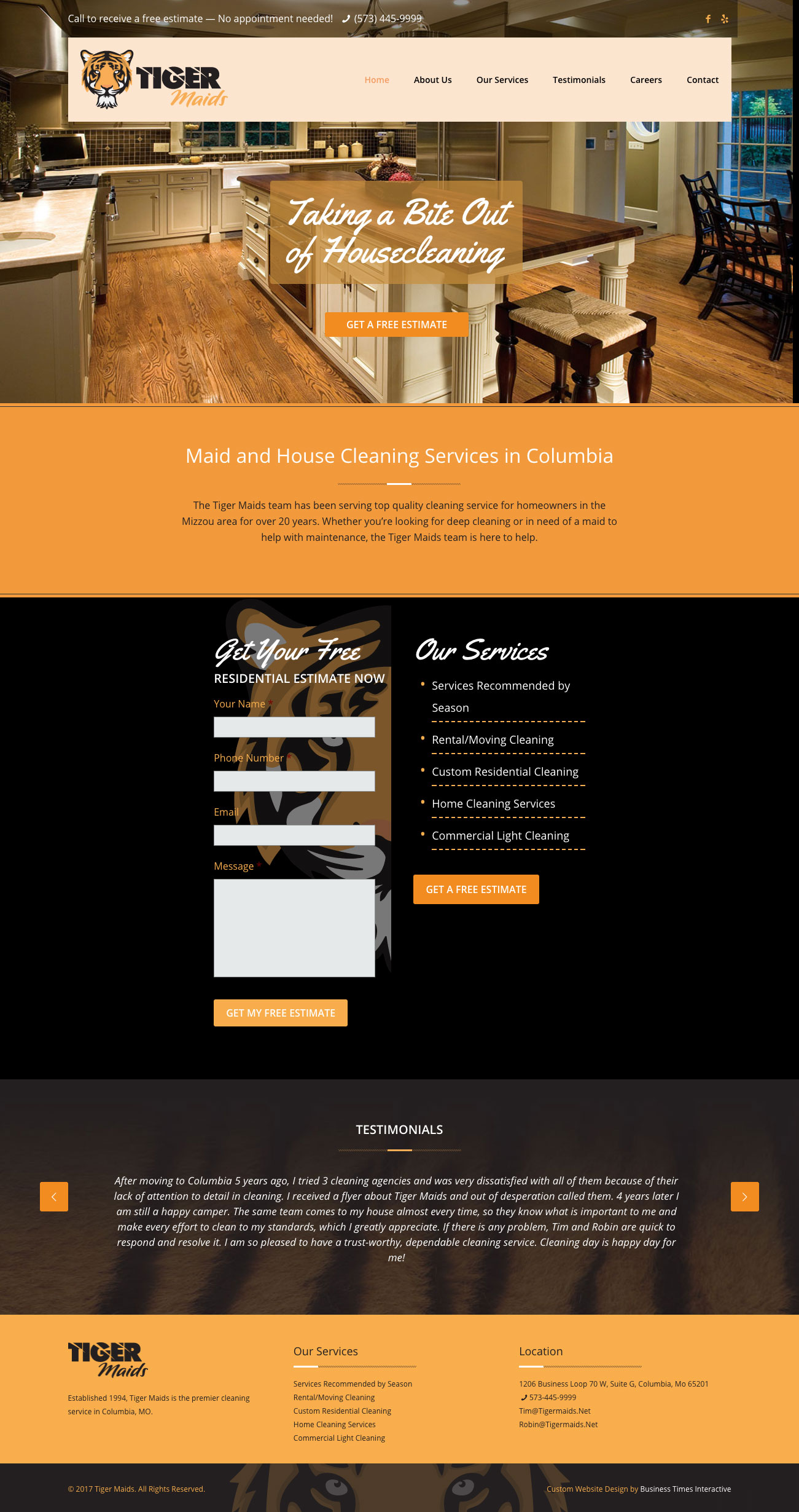 Screenshot of Tiger Maids website homepage - Columbia Marketing Group