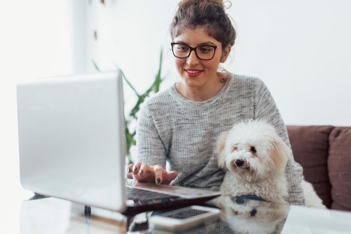 Woman with fluffy white dog in her lap working on laptop